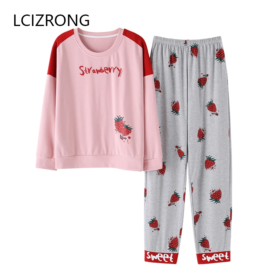 

Spring Cotton Long Pajamas Set Women Cute Fruits Cartoon Print O-neck Tops + Pants Home Clothes Soft Girl Sleepwear Nightgown