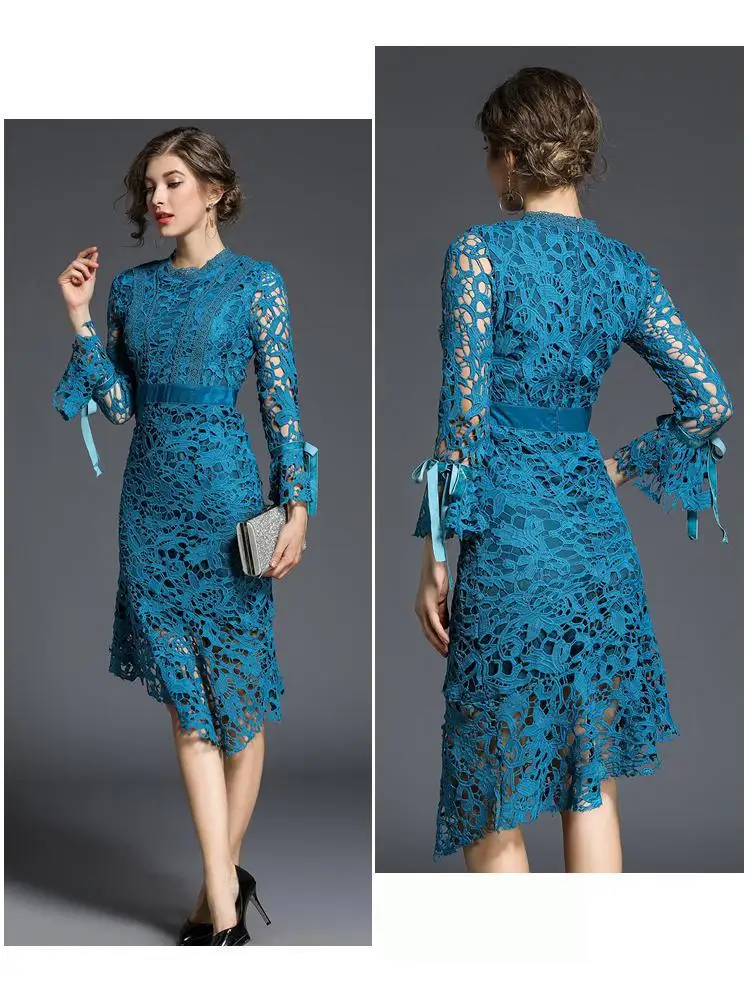Lace Hollow Out O Neck Long Sleeve Patchwork Velvet Knee-length Dress
