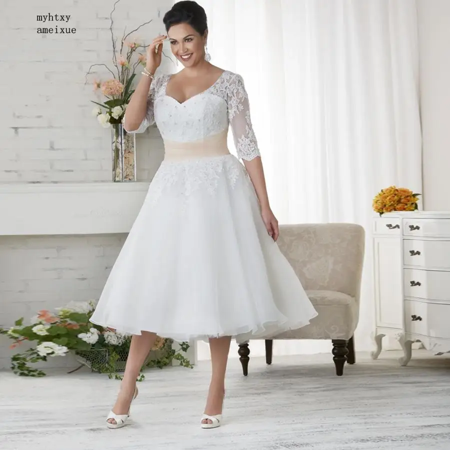 

Tea-length Tulle Cheap Wedding Dress 2019 Vestido De Noiva Half Sleeves Beading Applique A-line Bridal Gowns Plus Size Gelinlik