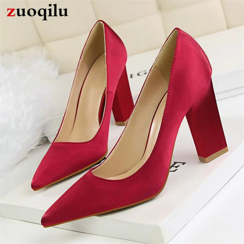 Zapatos de tacón cuadrado de seda para mujer, tacones altos, zapatos de fiesta para boda, de tacones rojos gruesos para mujer _ - AliExpress Mobile