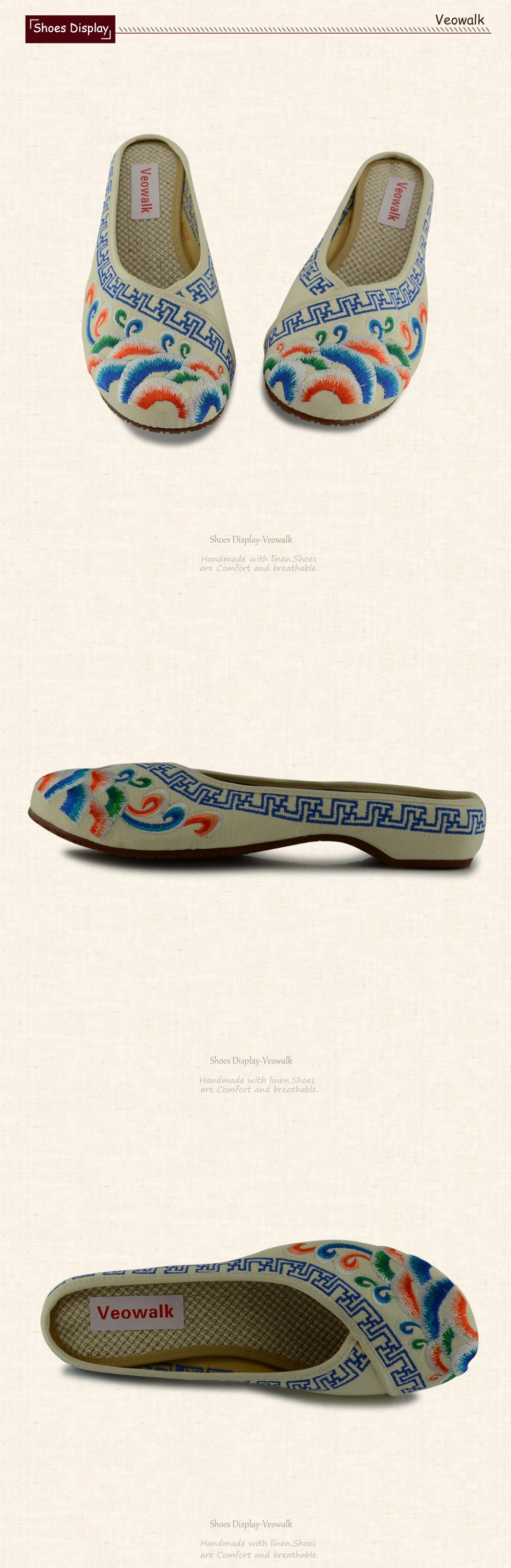 Veowalk/тапочки ручной работы из хлопка с цветочной вышивкой; летняя модная женская повседневная обувь в китайском стиле; женские дышащие вьетнамки