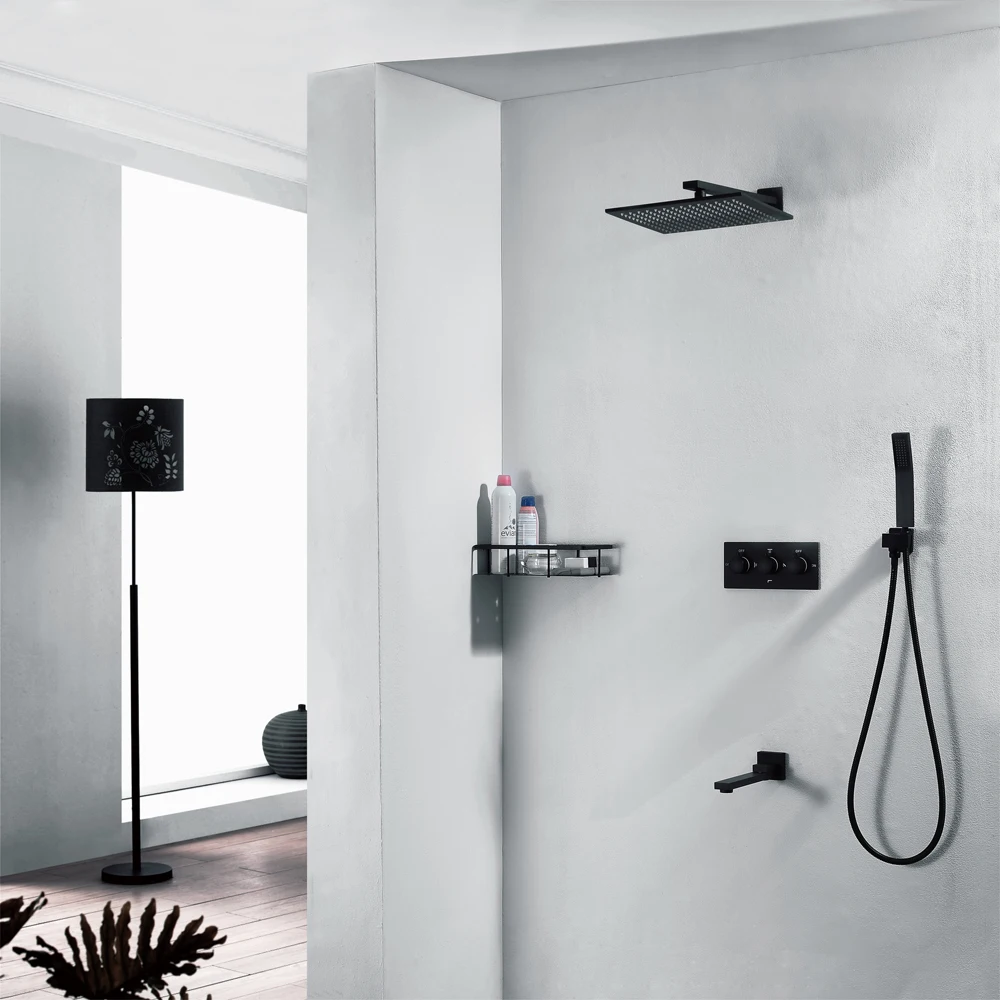 HIDEEP Brass Black Bathroom Shower Set Rianfall Shower Head Shower Faucet Wall Mounted Shower