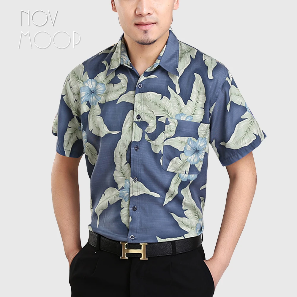 Camisa de seda 100% natural para hombre, camisa masculina de manga corta con estampado de hojas, color azul, ideal para en la playa, LT2251|Camisas informales| -