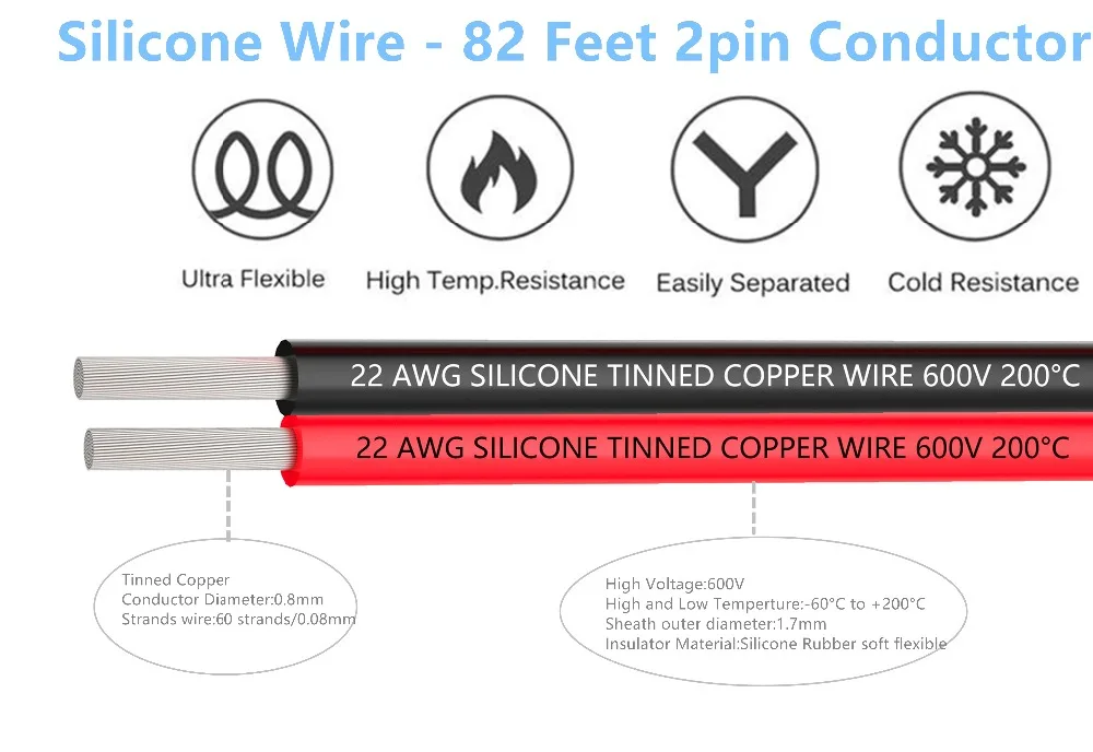 

15M Silicone Electrical Wire 22AWG Extension Cable Wire Cord 2 pin Cables Flexible Hook UP Strands Tinned Copper Wire