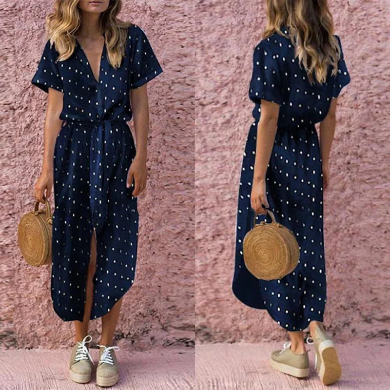 

Dress Womens Sexy Casual Daily Bow Tie V Neck Dot Button Shirt Dress Short Sleeve Solid Long Dress Women Boho With Belt Vestidos