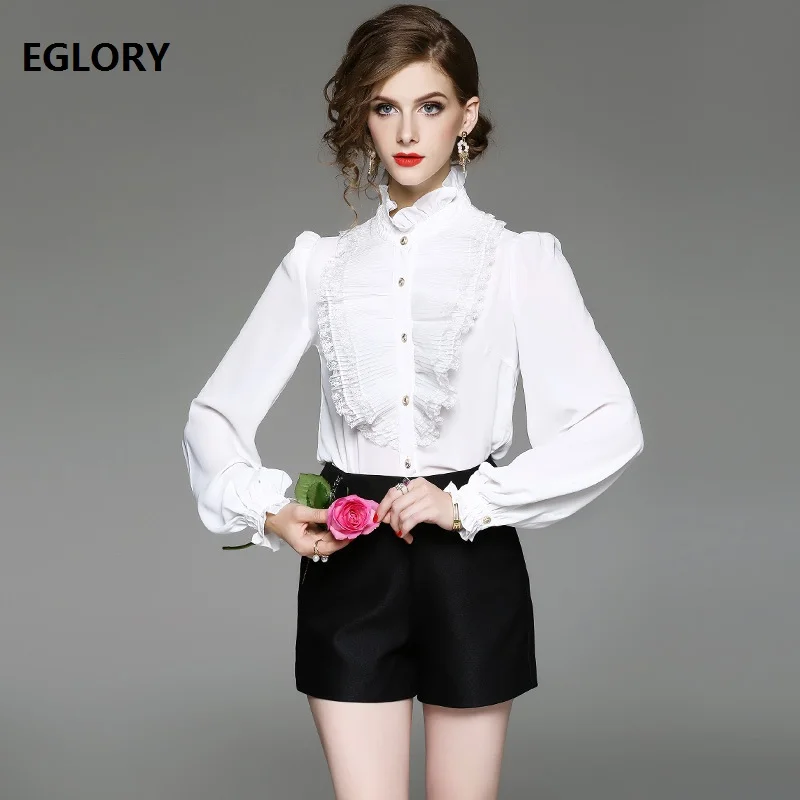 High Quality Brand New Shirts White Women Ruffled Collar Lace Floral Patchwork Long Sleeve