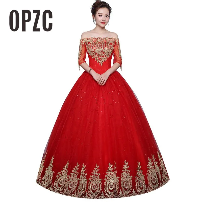 

Vintage Ball Gown Boat Neck Wedding Dresses 2018 New Fashion Lace Half Sleeve Gold Appliques Customized Plus Size Bridal Dress