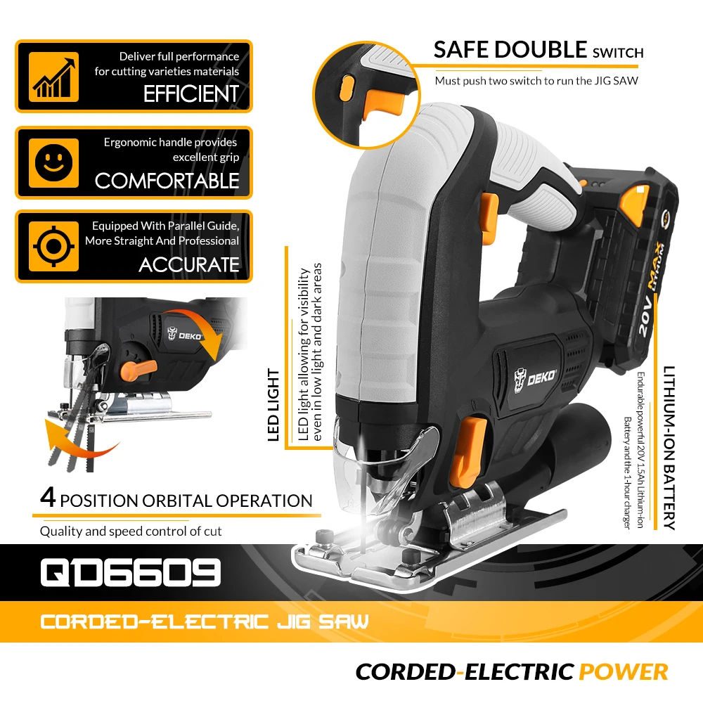 DEKO DKJS20Q2 20V DC Беспроводная ножовочная пила со светильник кой регулируемая