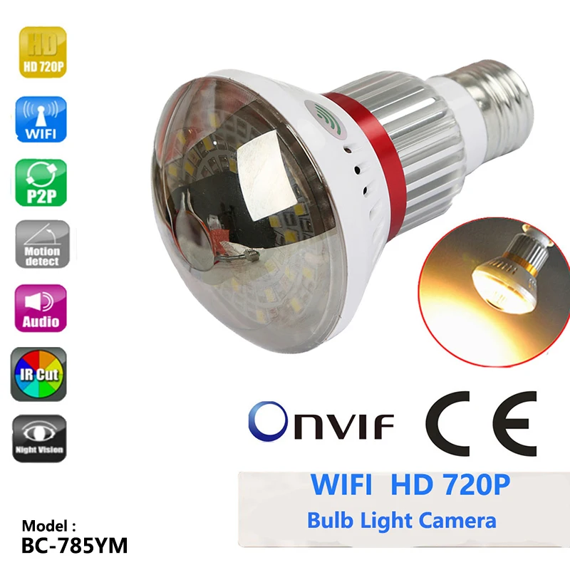 

785YM Home Mirror Bulb Camera HD 720P WiFi IP Network DVR Camera Support Motion Dection Email Alert Night Vision Support ONVIf