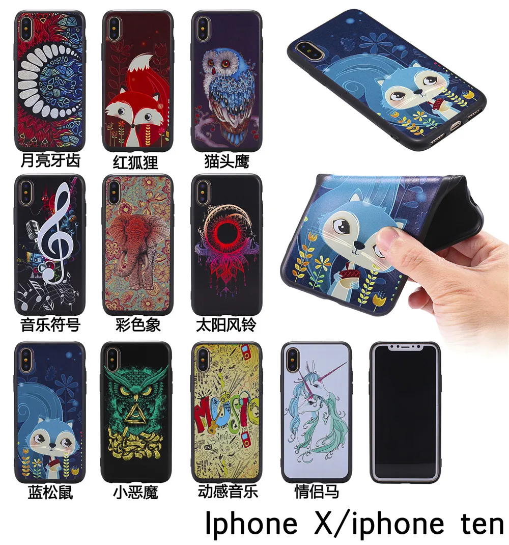 

Soft TPU Cover For iPhone X Case 3D Relief Animal Plant Painted Colorful Cartoon Black Silicone Protective For iPhone X Case