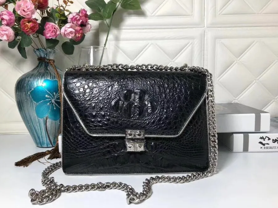 

Luxury Designer Genuine Alligator Leather Silver Chain Strap Woman Purse Crocodile Skin Lady Shoulder Bag Female Messenger Bag