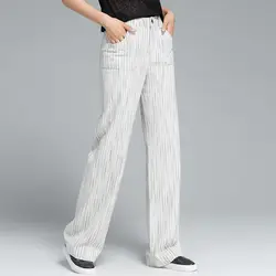 Makuluya повседневное широкие брюки в полоску прямые штаны Высокое качество тонкий белый хлопок белье дамы для женщин женские весна, лето, осен