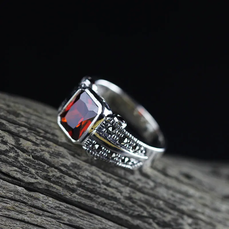 Настоящее чистое серебряное кольцо 925, винтажные обручальные кольца для женщин с натуральным красным гранатовым камнем, хорошее ювелирное изделие, Bague Femme - Цвет камня: red garnet