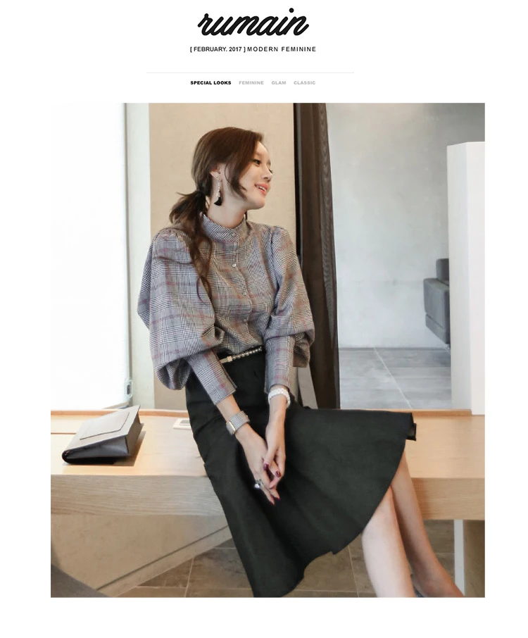 JSXDHK New Fashion Autumn Woemn Blouse Office Lady Plaid Long Lantern Sleeve Formal Back Bow Stand Collar Shirt Tops