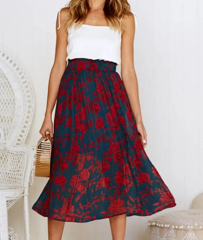 Элегантные женские Высокая талия плиссированные цветочный принт длина эластичный карман в горошек юбка Акции Леди Вечерние повседневное пляжн