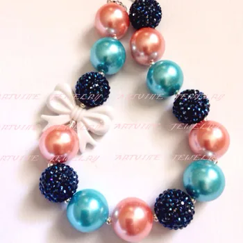 

10pcs 24mm beads Chunky bow bubblegum necklace. Coral, navy and turqouise bead chunky Necklace CB562