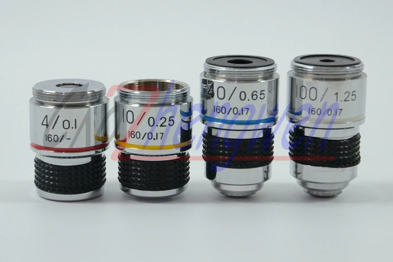 FYSCOPE 4X, 10X, 40X, 100X 4PCS Biological Microscope L=185 Achromatic Objective Lens with thread mouning size 20.14mm