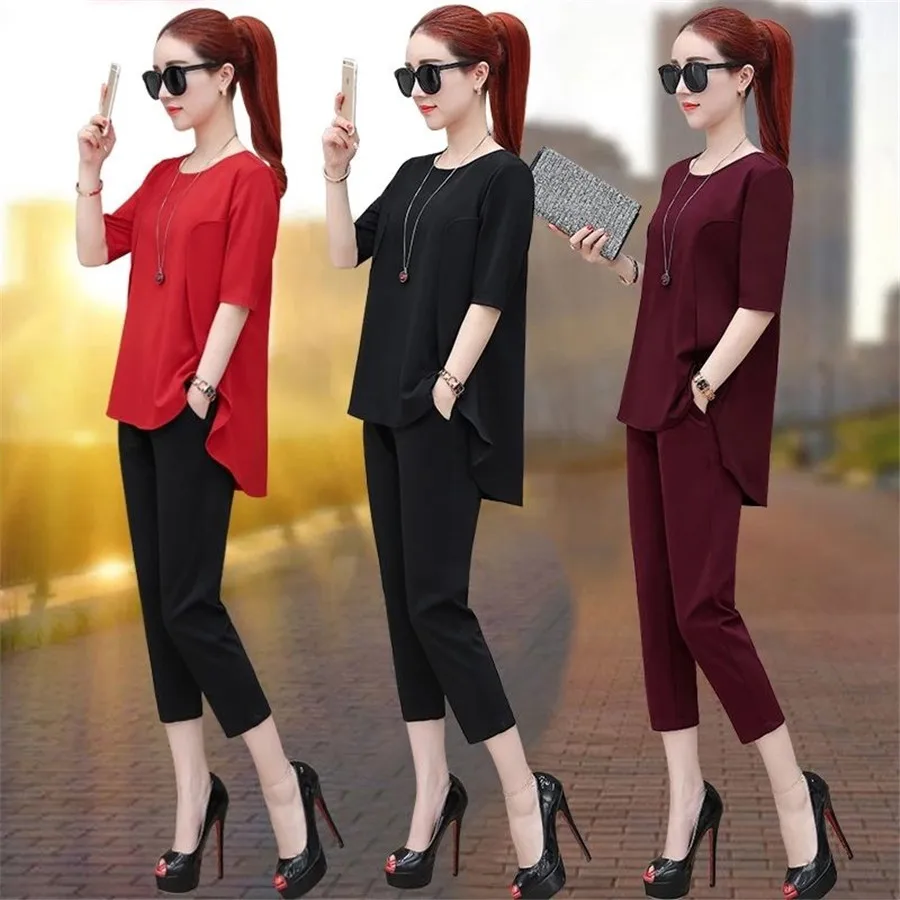 

High Quality 2019 Women Sets Casual Top + Pant Plus Size Suits Clothing Summer Large Size Ladies Two Piece Sets 3XL 4XL