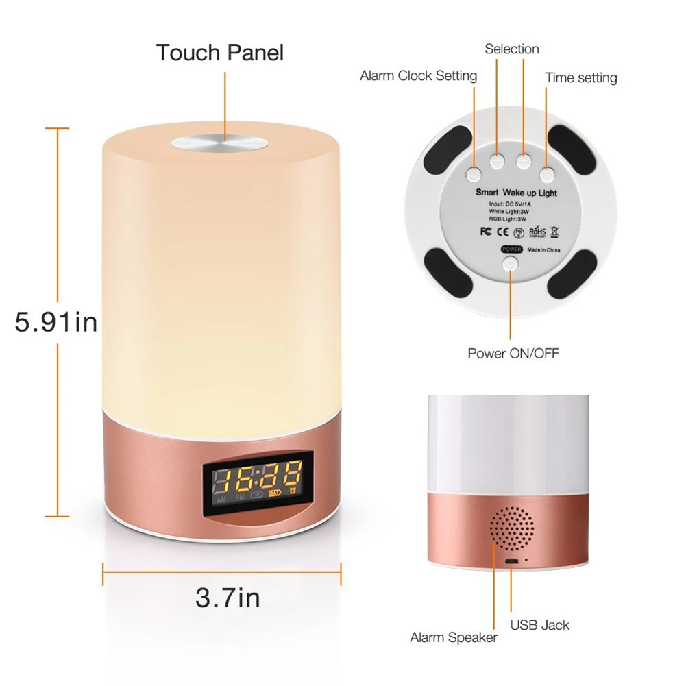 

RGB Color Desk Light Wake Up Sunrise Natural Light Sound Alarm Clock LED Adjustable Touch Control Reading Camping
