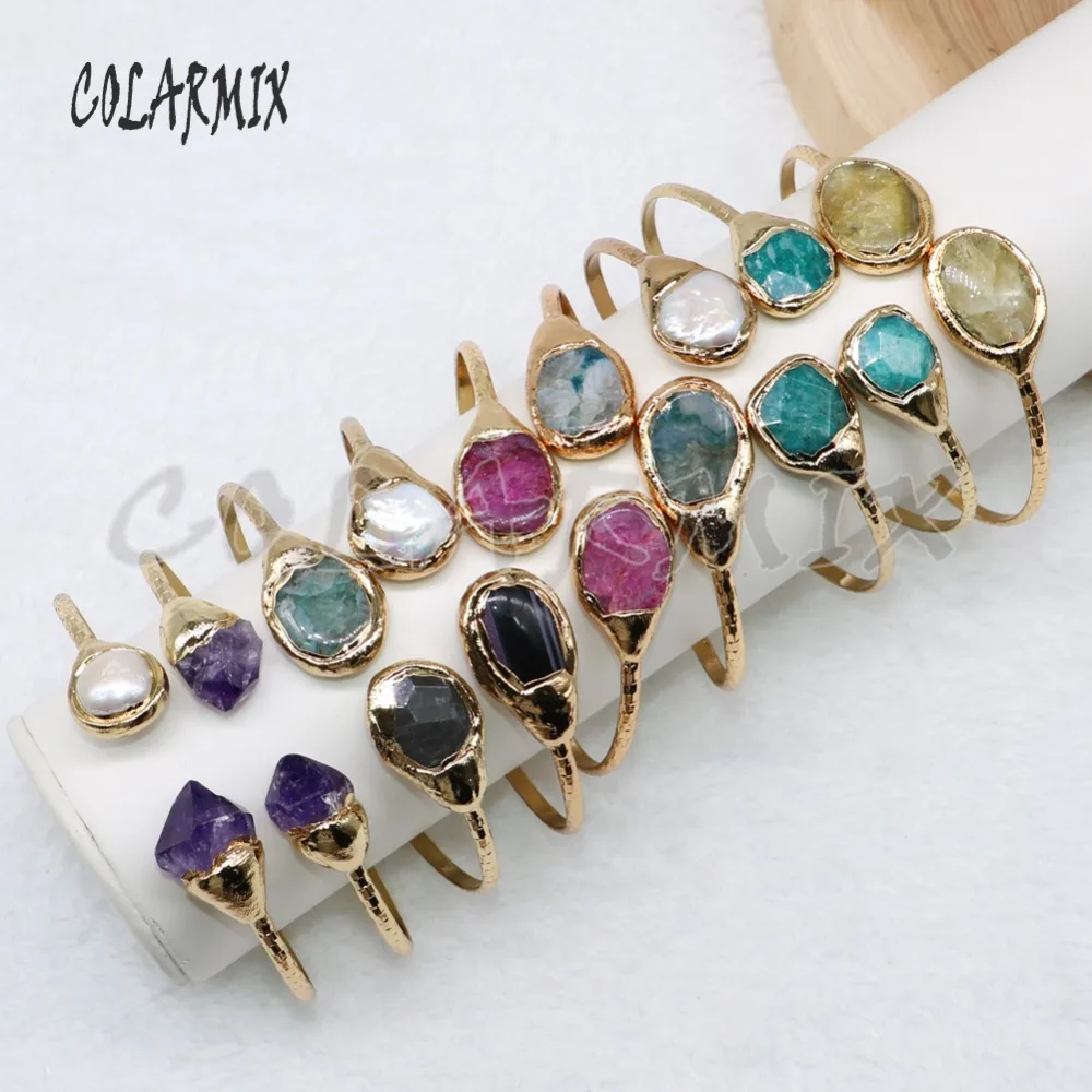 

4Pieces gold metal bangle pave natural stone Mix color stone jewelry bangle bracelet jewelry gift for lady4841