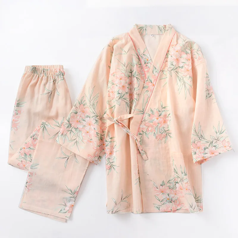 Японское кимоно, пижама, набор, чистый хлопок, двухслойная марля, женский осенний костюм юката, тонкий, с принтом, Япония, пот, парящий костюм, Новинка