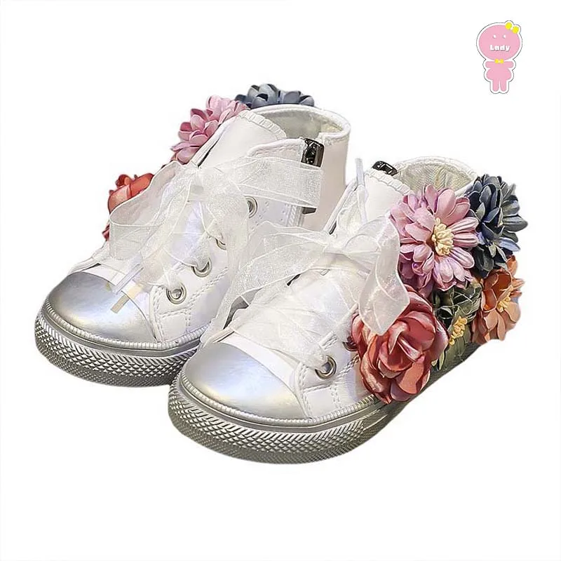 

Spring fall Fashion Floral patch Toddler Canvas girls High Top sneaker kid Lace Up Shoes Children Brand Trainer 12-20.5cm