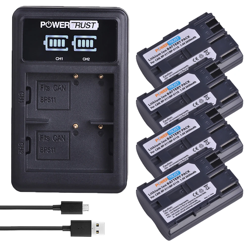 4Pcs 2650Mah Bp-511 Bp 511 Bp511 Bp511A Batterie Per Foto/Videocamera + Led Dual Usb Caricabatteria Per Canon Eos 40D 300D 5D 20D 30D 50D