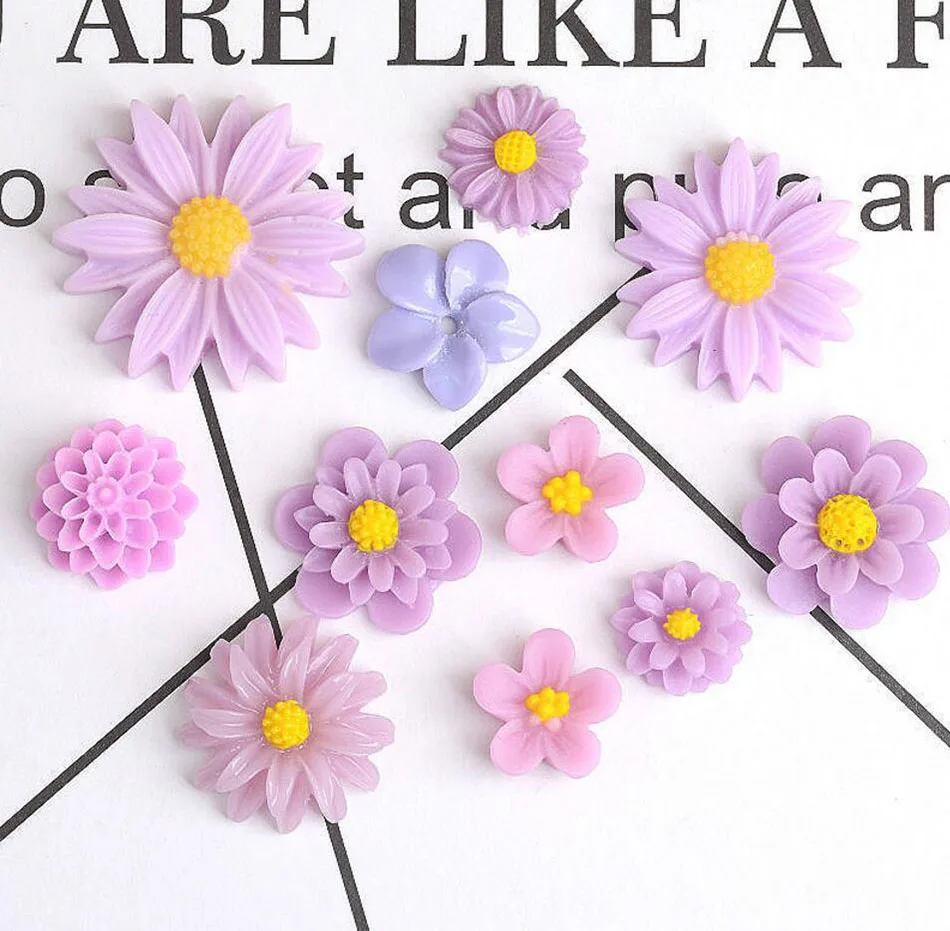 

50pcs Purple Resin Flatback Mixed Sunflowers Daisy Beads For Scrapbooking Craft Hair Bow Clip Decoration DIY Headband Making