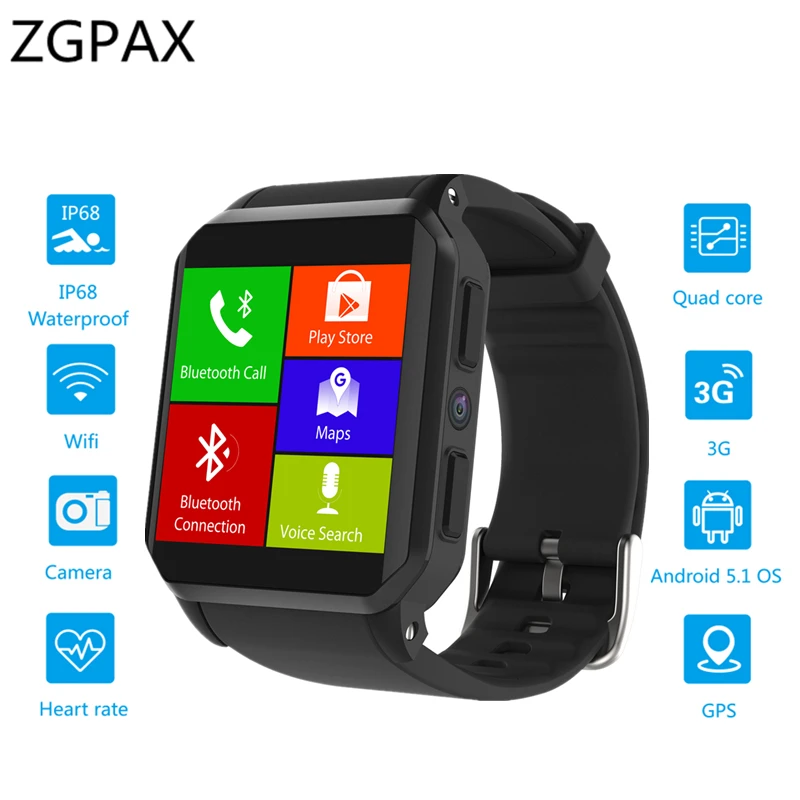 

2018 ZGPAX Original smartwatch android 5.1 MTK6580 Quad Core 3G WiFi GPS watch Heart Rate Monitor IP68 Waterproof PK KW88 bip