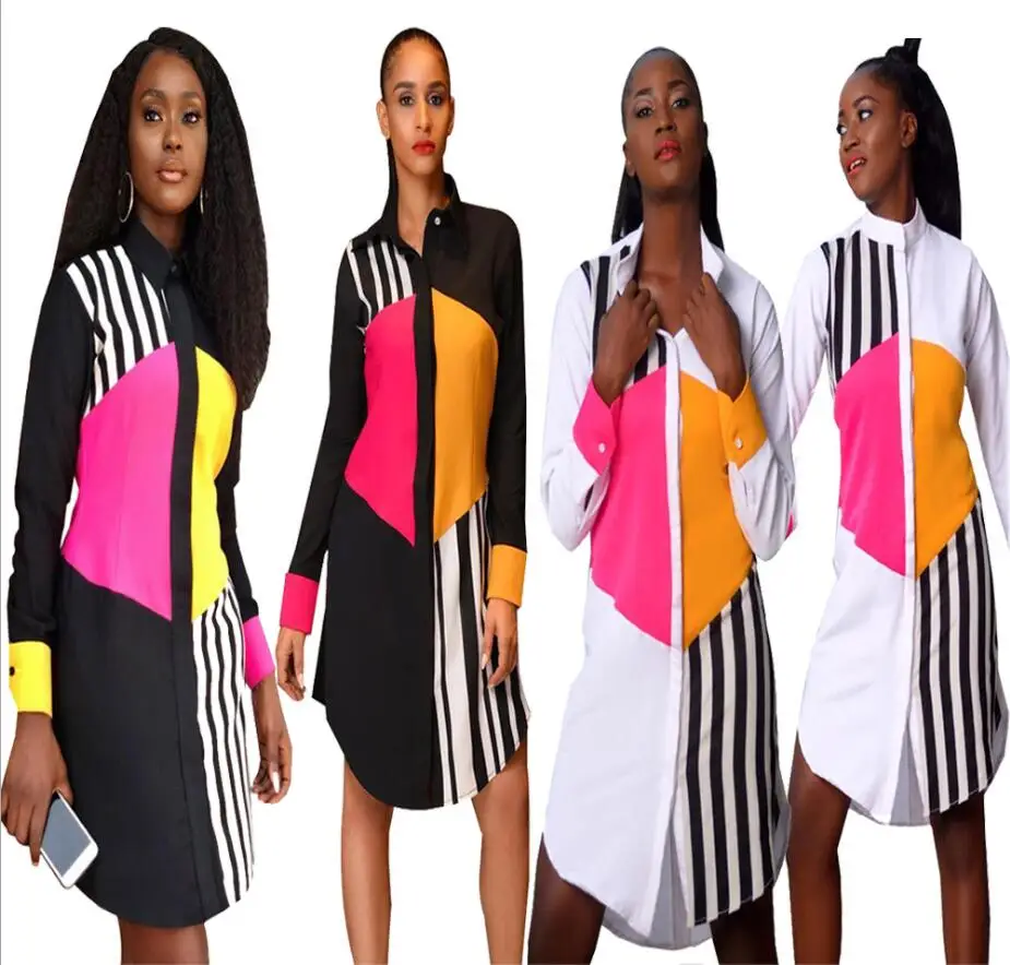 

New style classic African women's Dress Dashiki fashion Printed long sleeve with lapel long shirt size S M L XL HM336