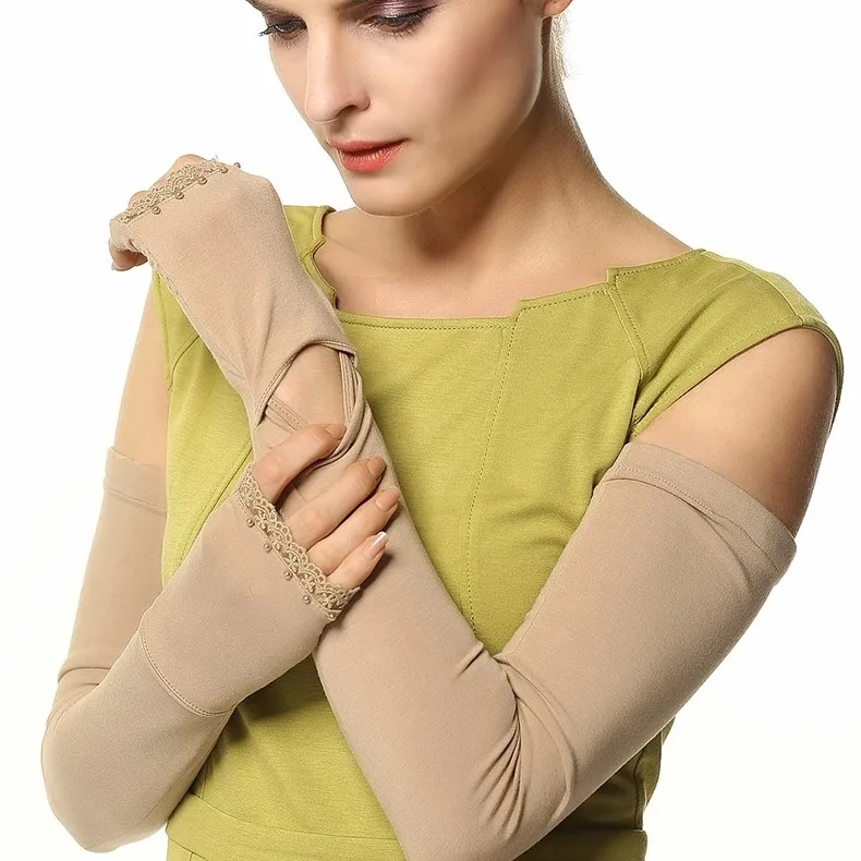 Бесплатная доставка женские солнцезащитные перчатки женский хлопок Лето Половина пальца анти-УФ длинная опера Защита от солнца