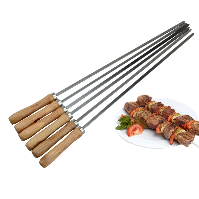 Stainless Steel BBQ Needles Wooden BBQ Kebab skewers Wood Metal BBQ Skewer Grilling Forks Barbecue Accessories 16.5in 42cm