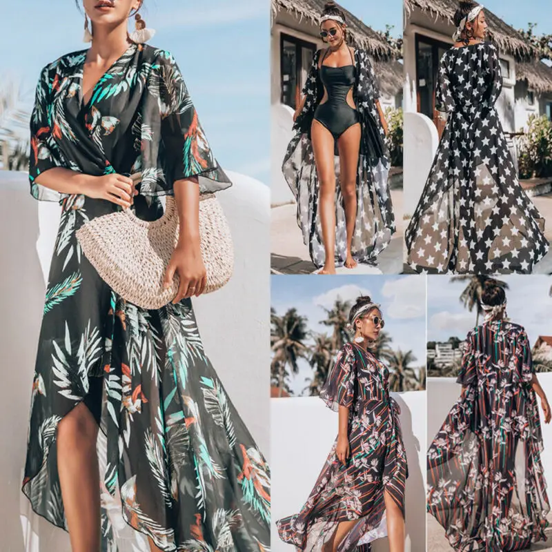 

Fashion Summer Brand New Women Star Tropical Print Cover Up Swimwear Bikini Chiffon Beach Print Long Kimono Split Dress XL