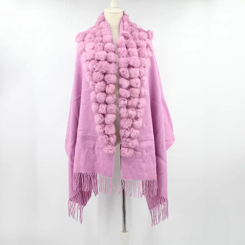 100% sheep fur cashmere shawl with real rabbit fur balls (1)