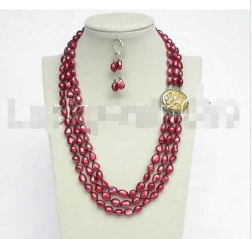 

Genuine 20" 3row 12mm baroque wine red pearls necklace dangle Earring e1535 (A0423) -Bride jewelry free shipping