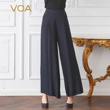 VOA 2017 Autumn Winter Office Lady Plus Size Brief Solid Heavy Silk Wide Leg Pants Dark Blue High Waist Women Trouser KLH05901