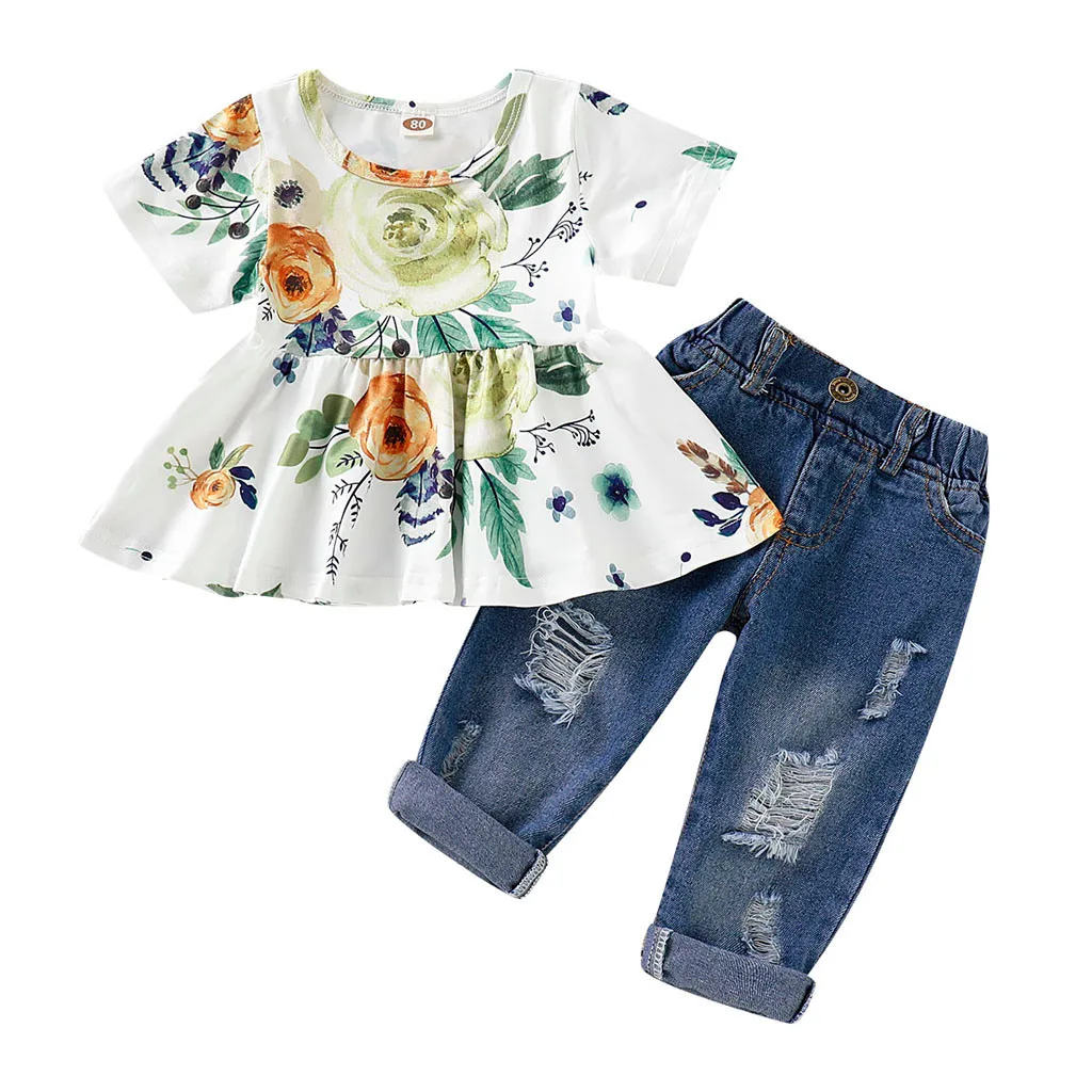 Одежда для девочек топы с круглым вырезом и цветочным принтом для маленьких девочек+ джинсовые штаны с дырками комплект детской одежды для малышей, vetement enfant fille