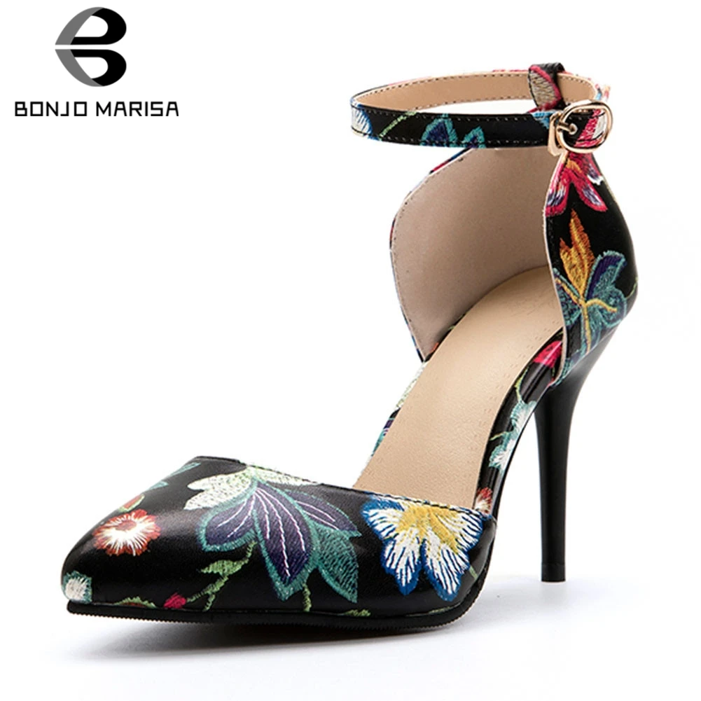 

BONJOMARISA Brand New Plus Size 33-46 Embroider Print Ladies High Heels Shoes Woman Casual Party Wedding Sexy Summer Sandals
