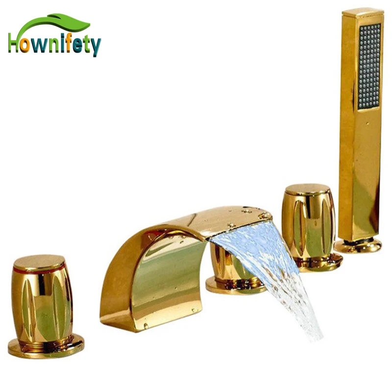 

LED Light Gold Plate Bathroom Tub Faucet Three Handles Mixer Tap with Hand Shower