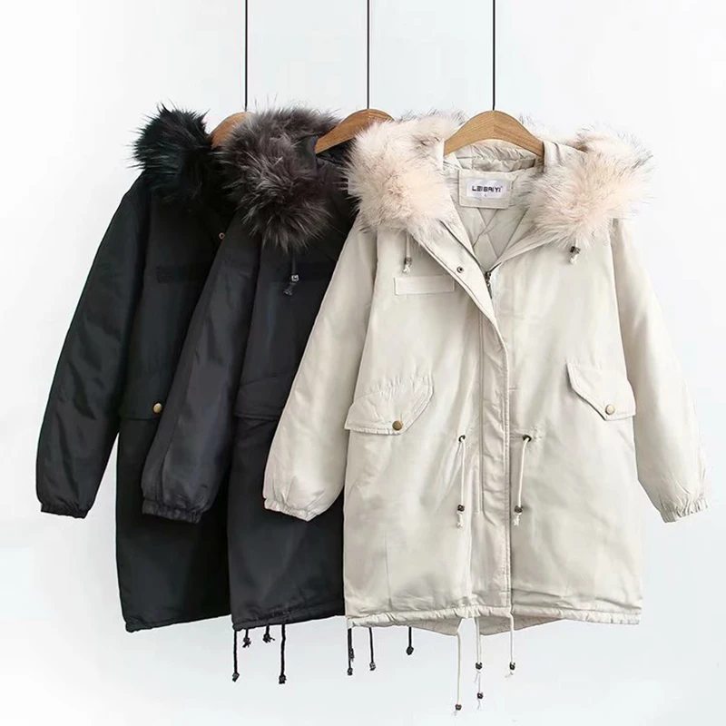 Capuchon Grande rembourré noir Femmes Manteau Grand À Parkas Lâche De D'hiver Coton Beige gris Fourrure Chaud Automne Long Taille Col Survêtement PgwTpBqw