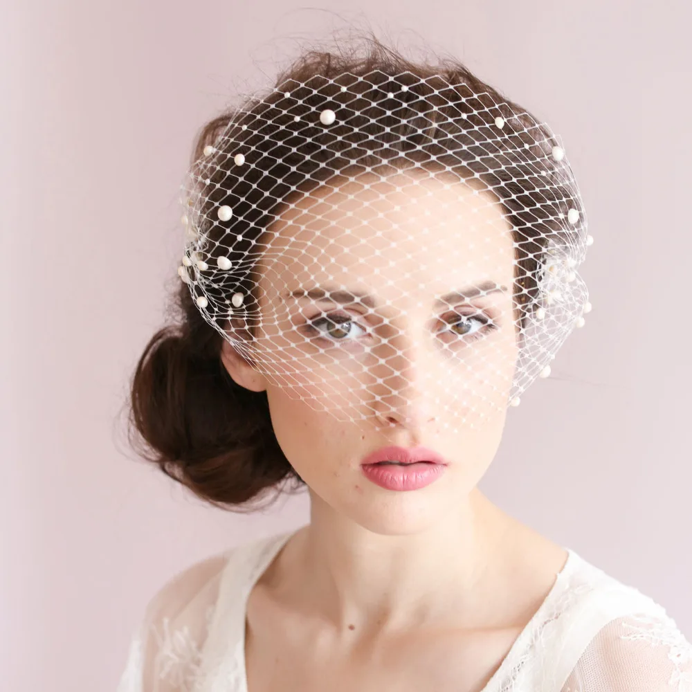 Romantic Birdcage Bridal Face Veil Beaded Wedding Veil With Comb