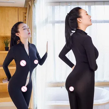 

Sexy Long Sleeve Women Bodysuit Black Sheer Bodystocking Erotic Lingerie Double Zipper Leggings M-4XL
