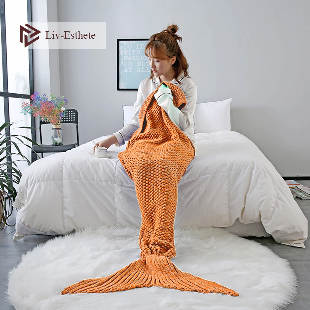 

Liv-Esthete Orange Mermaid Tail Blanket Throw Blanket Sofa Bed Sleeping Bag Wrap Knitted Blanket For Adult Kids Best Gift