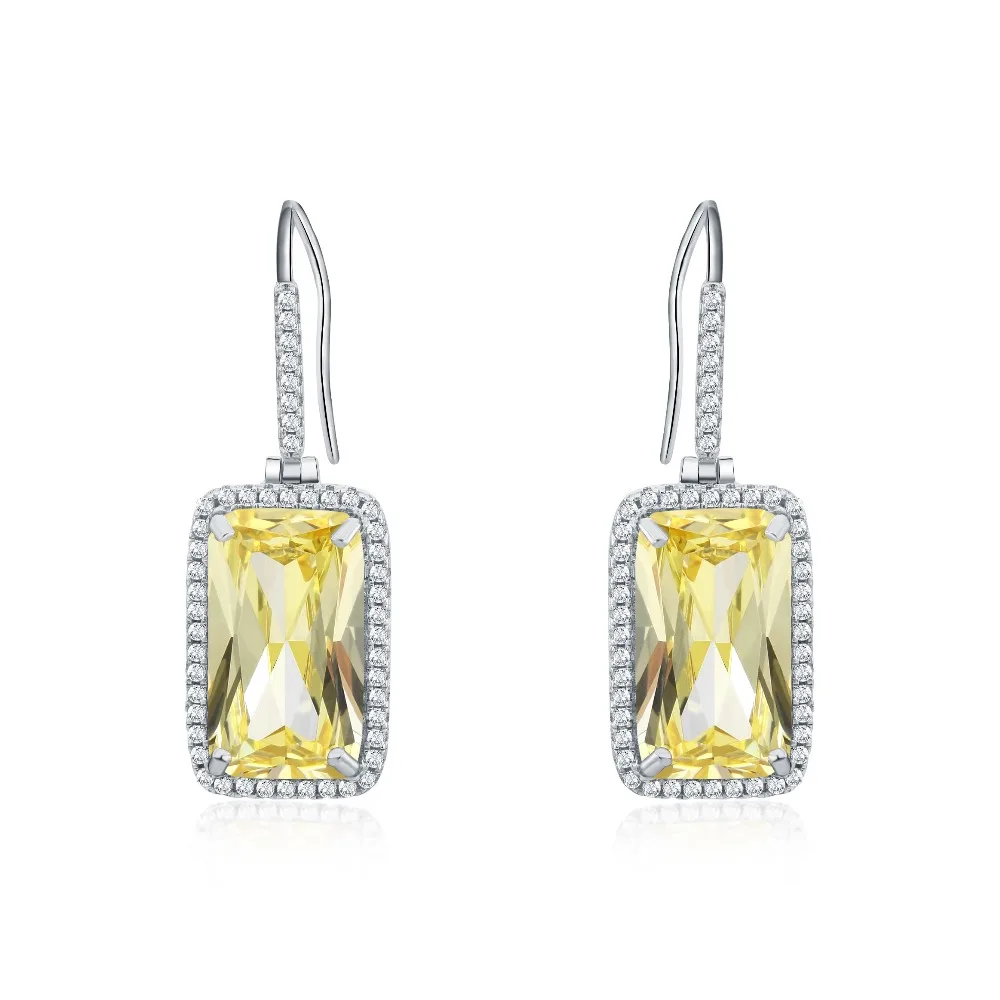 

925 Sterling Silver Square Yellow Zircon Dangle Earring with Micro Paved Clear CZ 2017 Lasted Jewelry For Women