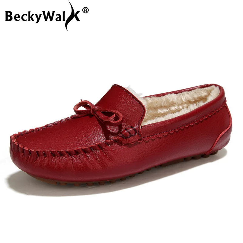

BeckyWalk Winter Plush Women Loafers Genuine Leather Women Flats Shoes Cowhide Comfortable Mother Boat Snow Shoes Woman WSH2711