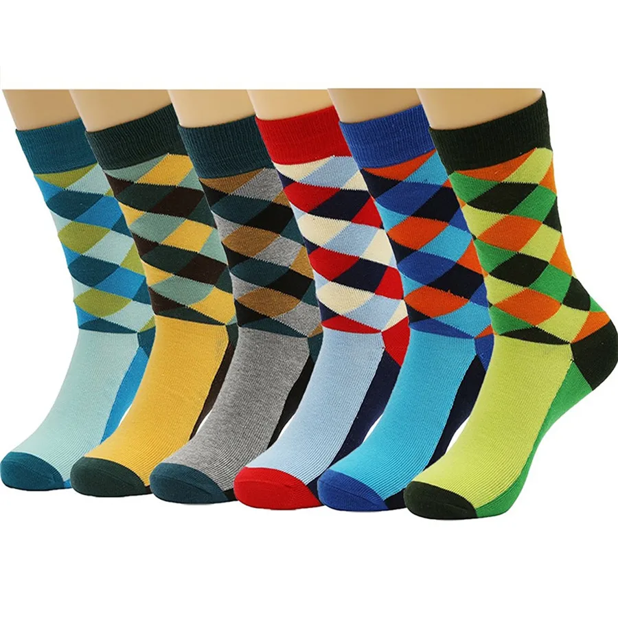 6 Packs Men Colorful Dress Socks Warm Funny Color Argyle High Fun Sock