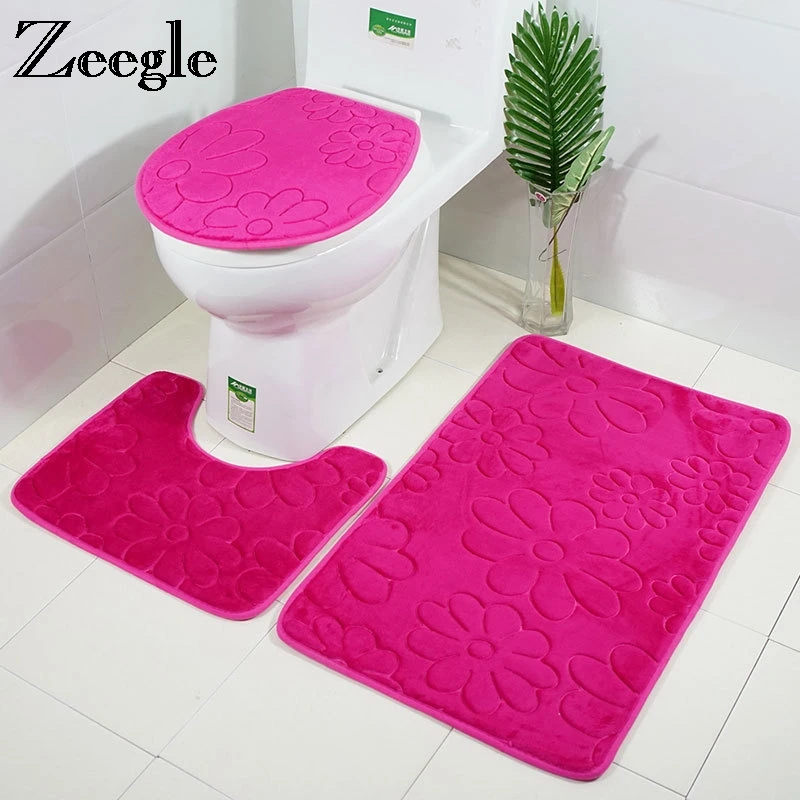 

Zeegle 3D Embossing Bathroom Carpet Anti-slip Mat For Toilet 3Pcs Bathroom Mat Washable Shower Foot Pads Bath Mat Set Bath Rugs