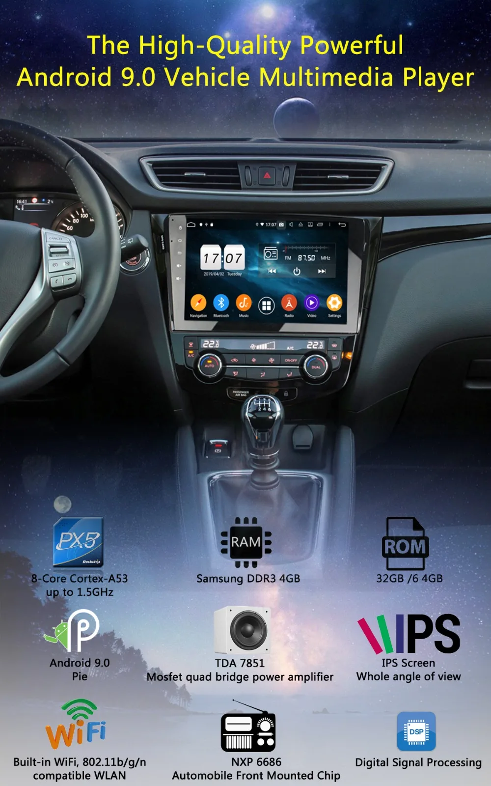 Best 10.1"IPS 8 Core 4G+64G Android 9.0 Car DVD Radio GPS Navi For Nissan Qashqai X-Trail AT 2013-2018 DSP CarPlay Parrot BT Stereo 1