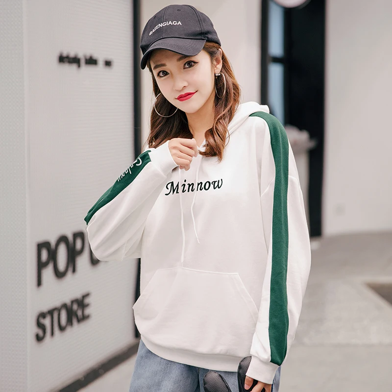 

2019 Autumn New Female Hoodies Korean Fashion Casual Letter Print Contrast Color Loose Thin Section Sweatshirt Women Long Sleeve