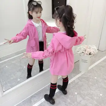 

2019 New Spring Autumn Teenage Girls Trench Coats Cotton Hooded Zipped Fashion Children Long Outerwear Solid Costume Clothes W25